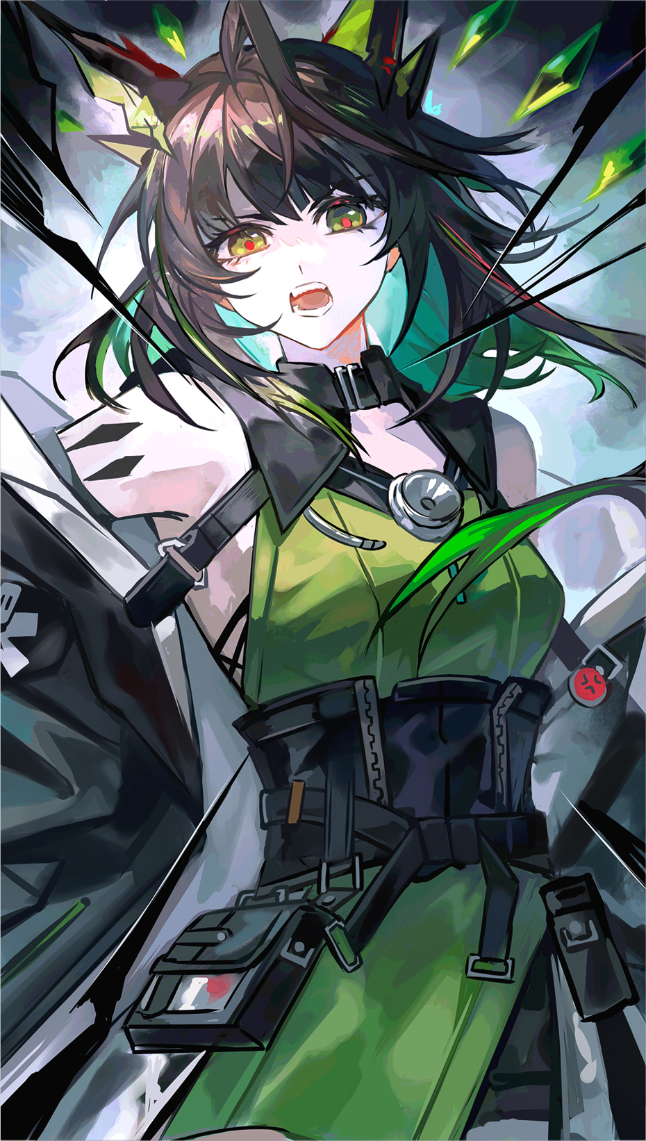 cen (acheng02806053), mon3tr (arknights), arknights, highres, 1girl, animal ears, cat ears, cowboy shot, dress, green dress, green eyes, looking at viewer, material growth, open mouth, oripathy lesion (arknights), solo