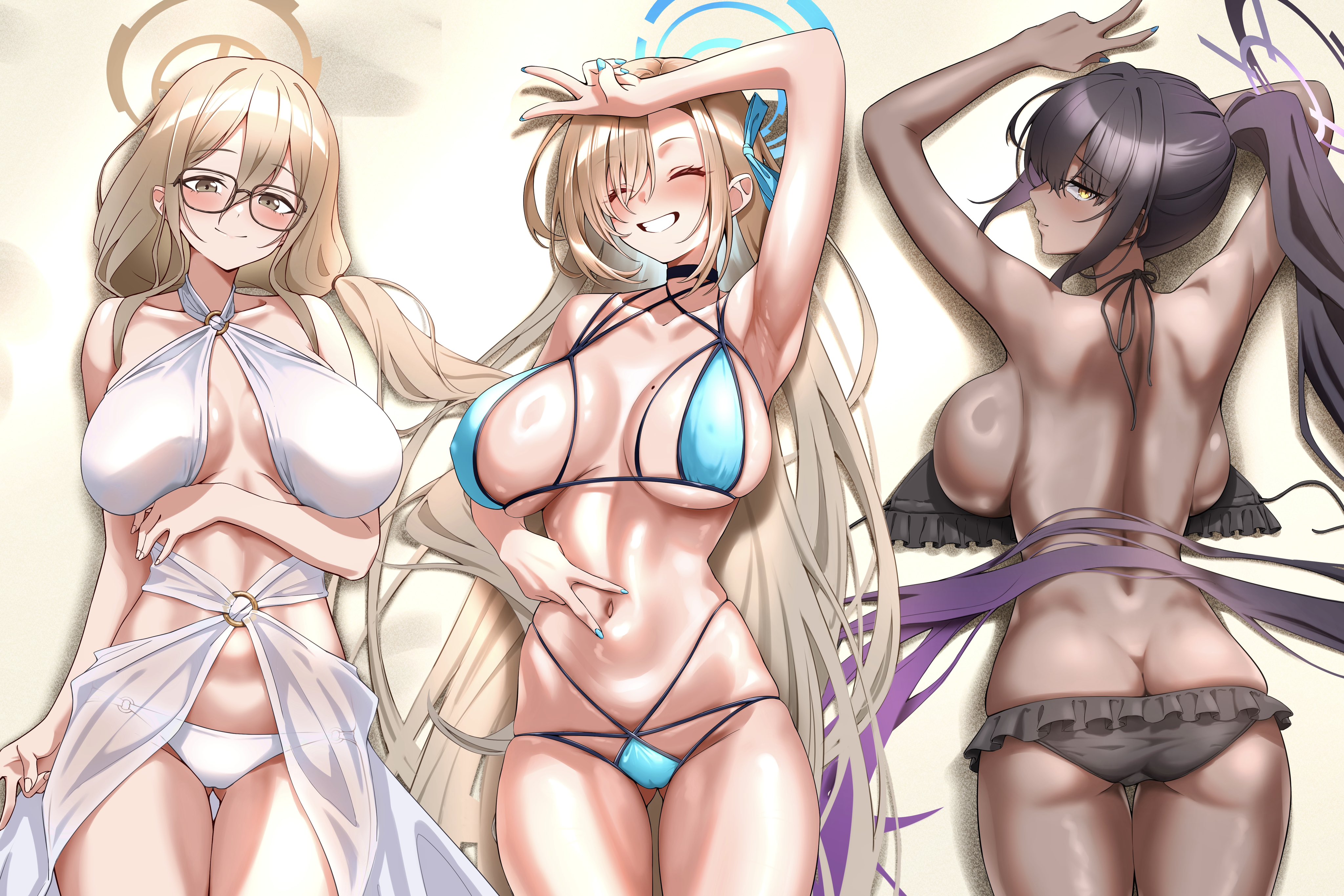 sayu mypace, akane (blue archive), asuna (blue archive), karin (blue archive), blue archive, absurdres, highres, 3girls, ass, bare back, bare shoulders, bikini, black bikini, black hair, blonde hair, blue bikini, blue halo, blush, breasts, breasts apart, brown eyes, brown hair, brown halo, butt crack, cameltoe, closed eyes, collarbone, criss-cross halter, dark-skinned female, dark skin, double v, frilled bikini, frills, glasses, gluteal fold, gradient hair, grin, groin, hair over one eye, halo, halterneck, large breasts, long hair, looking at viewer, lying, mole, mole on breast, multicolored hair, multiple girls, navel, o-ring, o-ring bikini, ponytail, purple hair, purple halo, smile, swimsuit, thighs, v, very long hair, white bikini, yellow eyes