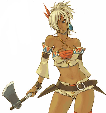 shania, shadow hearts, shadow hearts from the new world, lowres, 1girl, axe, bandeau, belt, blonde hair, blue eyes, dark-skinned female, dark skin, detached sleeves, female focus, hatchet, hatchet (axe), midriff, short shorts, shorts, solo, strapless, tube top, warrior, weapon