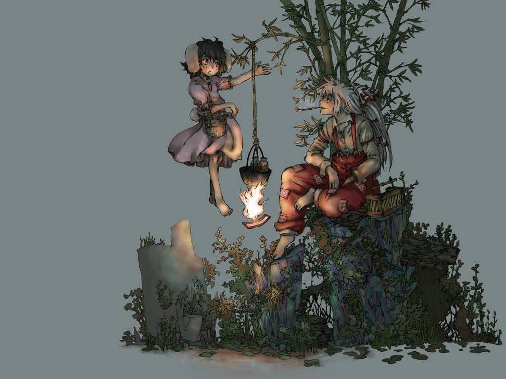 fujiwara no mokou, inaba tewi, touhou, artist request, 2girls, animal ears, barefoot, basket, cooking, feet, female focus, fire, kiseru, multiple girls, mushroom, pipe in mouth, rabbit ears, smoking pipe, toes