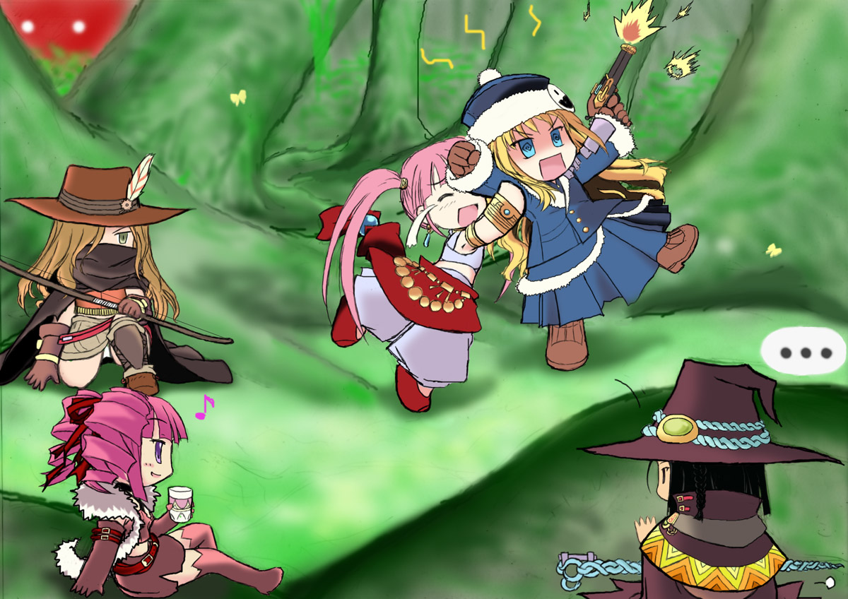 yoiyami dou, bard (sekaiju), bard 2 (sekaiju), dark hunter, dark hunter (sekaiju), dark hunter 4, doctor magus, doctor magus 2, f.o.e., gunner (sekaiju), gunner 2 (sekaiju), jack frost (megami tensei), ranger (sekaiju), ranger 4 (sekaiju), atlus, etrian odyssey, 5girls, drill hair, multiple girls, when you see it, you gonna get raped
