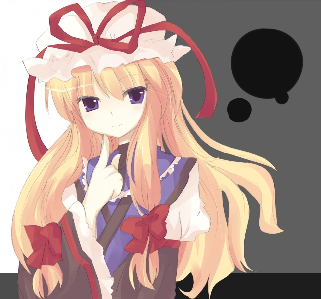 kobato (artist), morinaga kobato, tsubame (artist), yakumo yukari, touhou, bad id, bad pixiv id, 1girl, blonde hair, female focus, hat, long hair, ribbon, solo