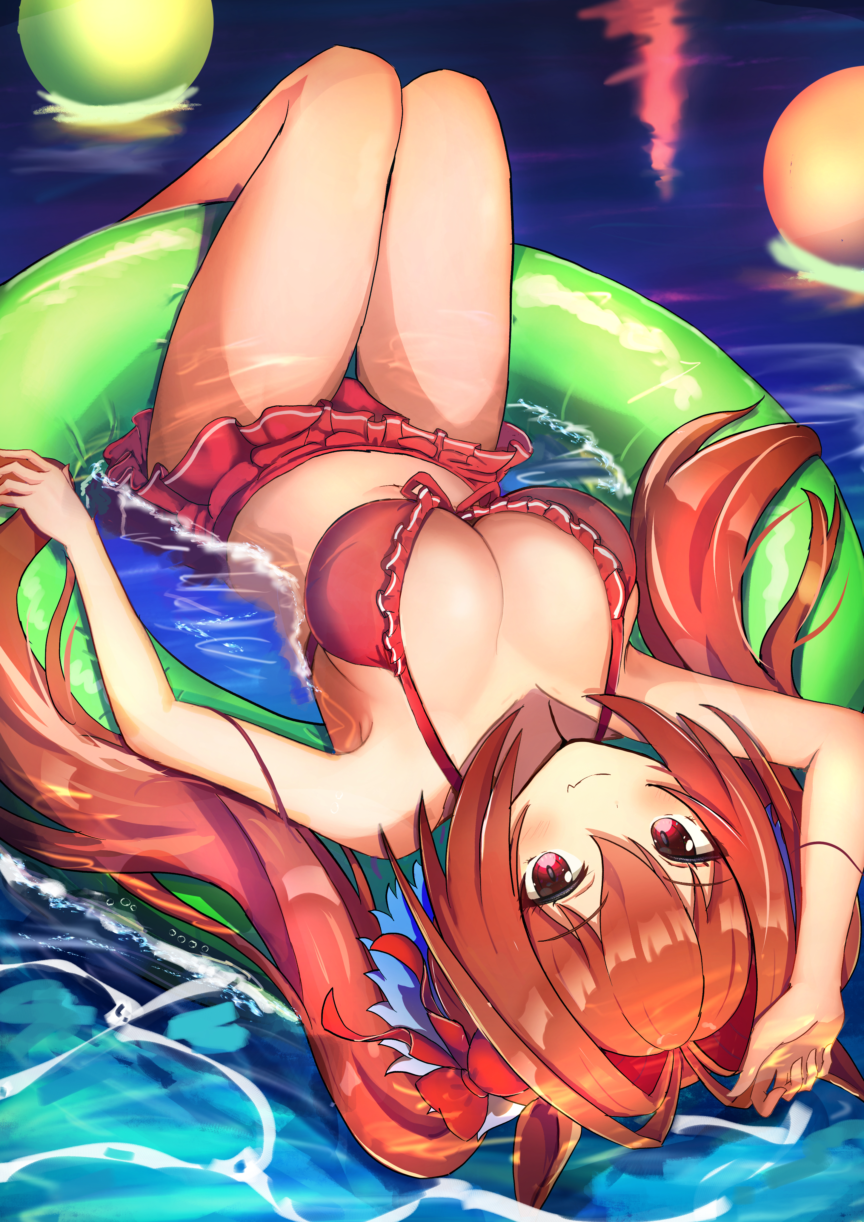 ikaashi you, daiwa scarlet (trifle vacation) (umamusume), daiwa scarlet (umamusume), umamusume, absurdres, commentary request, highres, 1girl, animal ears, bikini, bikini skirt, blush, breasts, brown hair, cleavage, closed mouth, fang, frilled bikini, frills, front-tie top, green innertube, hair between eyes, hair intakes, horse ears, horse girl, horse tail, knees up, large breasts, long hair, looking at viewer, official alternate costume, red bikini, red eyes, skin fang, solo, swimsuit, tail, thighs, twintails, upside-down, very long hair, water