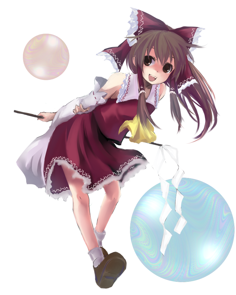 hatsuga genmai, yomo (ym), hakurei reimu, imperishable night, touhou, bad id, bad pixiv id, 1girl, brown eyes, brown hair, bubble, detached sleeves, female focus, gohei, japanese clothes, miko, ribbon, solo
