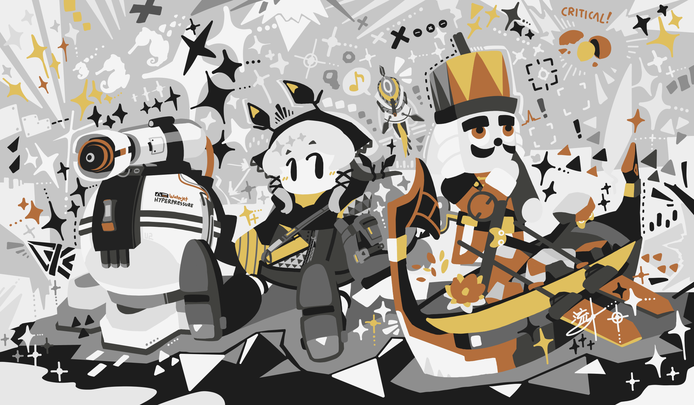 thatpebble, weedy (arknights), arknights, commentary, highres, 1girl, boat, dress, english text, full body, grey dress, grey hair, hair ornament, long hair, looking at viewer, nutcracker, sitting, solo, water cannon, watercraft, x hair ornament