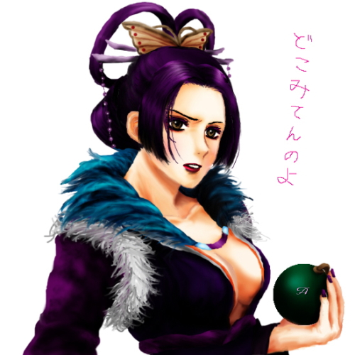 nouhime, nouhime (sengoku musou), sengoku musou, lowres, 1girl, ball, breasts, brown eyes, cleavage, female focus, fur trim, hair ornament, hair rings, hair stick, holding, hood, hood down, large breasts, lips, looking at viewer, parted lips, purple hair, short hair, solo, upper body