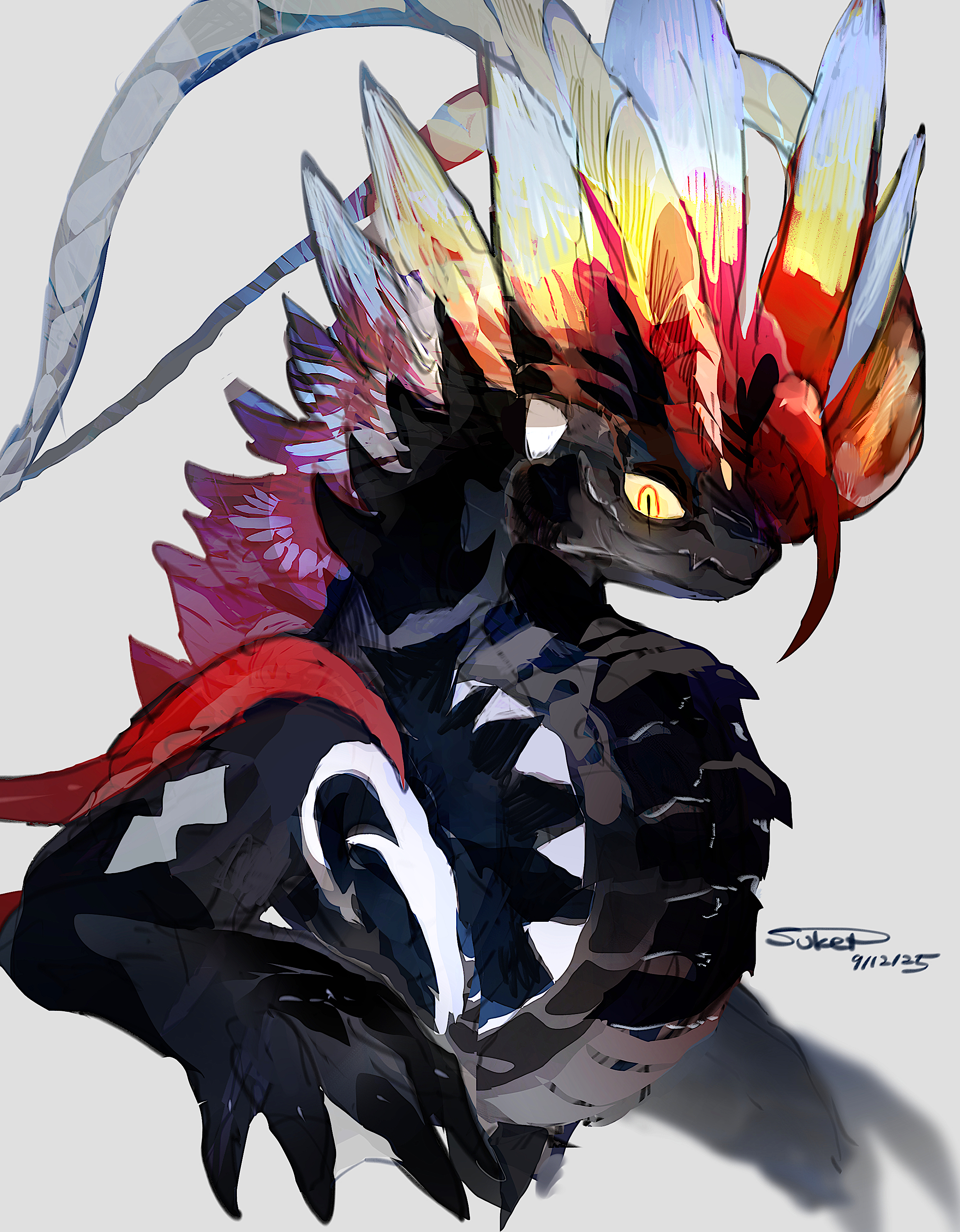 sukepmonster, koraidon, nintendo, pokemon, absurdres, highres, black skin, colored skin, dated, feather hair, grey background, horns, no humans, pokemon (creature), signature, simple background, solo, yellow eyes
