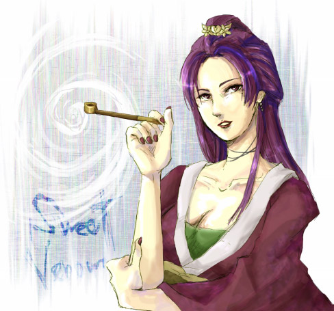 nouhime, nouhime (sengoku musou), sengoku musou, lowres, 1girl, female focus, holding, holding smoking pipe, japanese clothes, kiseru, purple theme, smoking pipe, solo