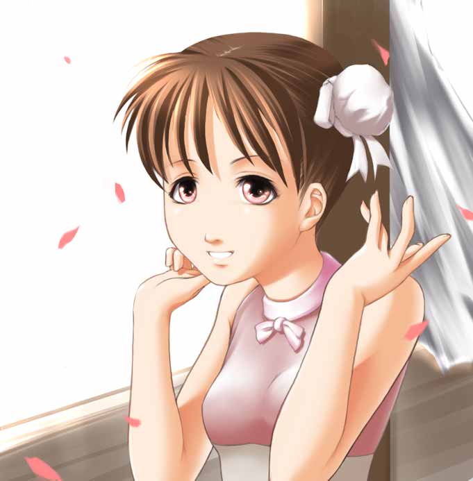 ai (ai-ren), ai-ren, artist request, 1girl, bare shoulders, breasts, brown hair, bun cover, female focus, obi, red eyes, sash, sleeveless, solo, underbust, upper body