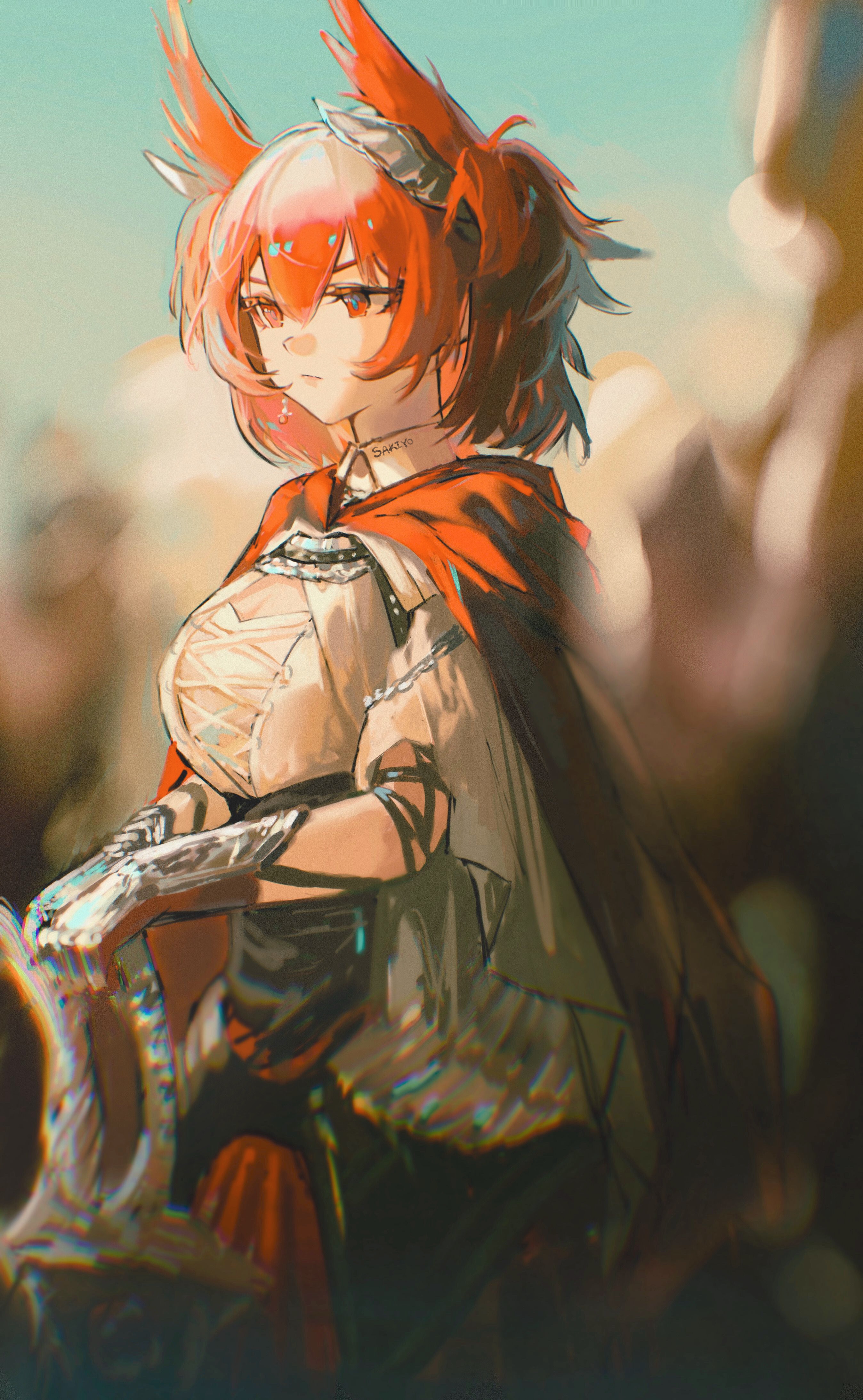 sakiyo, fiammetta (arknights), fiammetta (divine oath) (arknights), arknights, absurdres, commentary, highres, 1girl, artist name, black corset, blurry, blurry background, breasts, cape, cleavage, cleavage cutout, clothing cutout, collared shirt, corset, cowboy shot, cross-laced clothes, feather hair, frown, gauntlets, hair between eyes, hair ornament, holding, holding sword, holding weapon, large breasts, looking ahead, medium hair, official alternate costume, red cape, red eyes, red hair, red skirt, shirt, short sleeves, sidelocks, skirt, solo, standing, sword, weapon, white shirt, wing hair ornament