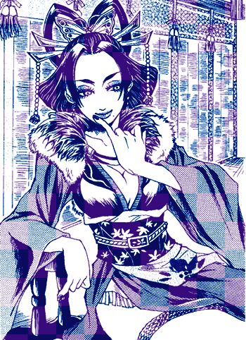 nouhime, nouhime (sengoku musou), sengoku musou, lowres, 1girl, breasts, cleavage, cowboy shot, dress, female focus, fur trim, hair ornament, hair rings, hair stick, long sleeves, looking at viewer, monochrome, purple theme, sitting, solo