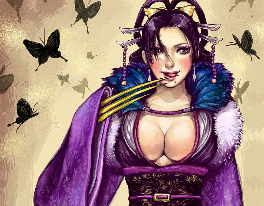 kawamura (pixiv11084), nouhime, nouhime (sengoku musou), sengoku musou, 1girl, breasts, bug, butterfly, claws, cleavage, female focus, hair ornament, insect, large breasts, licking, lips, mole, mole under mouth, purple hair, solo, upper body