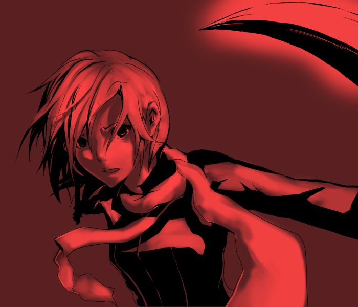 akishuon, inugami akito, fuyumine naoto, dogs: bullets & carnage, bad id, bad pixiv id, jpeg artifacts, 1girl, female focus, katana, monochrome, red theme, solo, sword, weapon