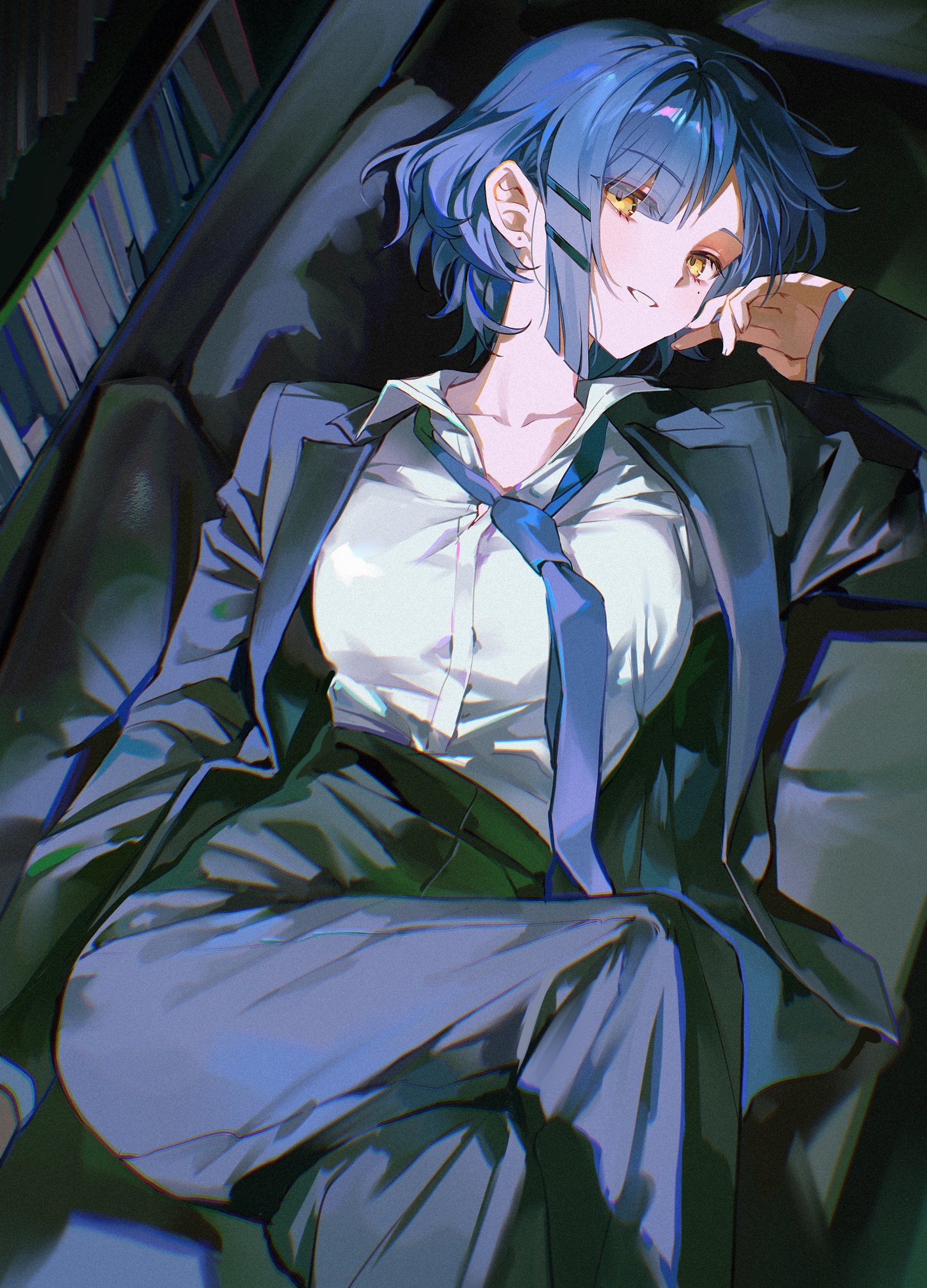 pong (pong o0), yamada ryo, bocchi the rock!, absurdres, highres, 1girl, black jacket, black pants, blue hair, blue necktie, breasts, collared shirt, couch, earrings, jacket, jewelry, long hair, looking at viewer, lying, medium breasts, mole, mole under eye, necktie, on back, open clothes, open jacket, open mouth, pants, shirt, short hair, sleeves past wrists, solo, stud earrings, white shirt, yellow eyes