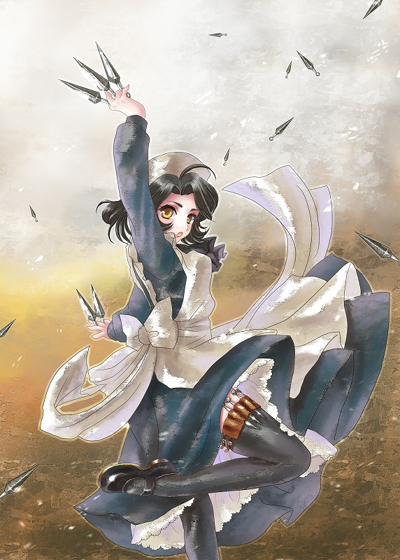 kurosuke, kurotani-tasuke, shinozaki sayoko, code geass, bad id, bad pixiv id, 00s, black hair, brown eyes, hat, knife, kunai, maid, ninja, ribbon, short hair, solo, thigh strap, thighhighs, weapon