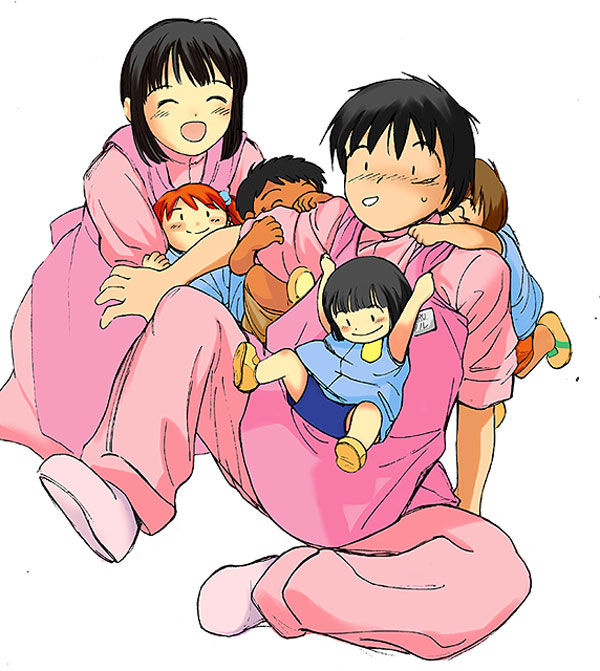 tanaka yutaka, ai (ai-ren), yoshizumi ikuru, ai-ren, character request, 3boys, 3girls, :d, ^ ^, black hair, blush, child, closed eyes, dark skin, family, full body, multiple boys, multiple girls, open mouth, pants, red hair, short hair, size difference, smile