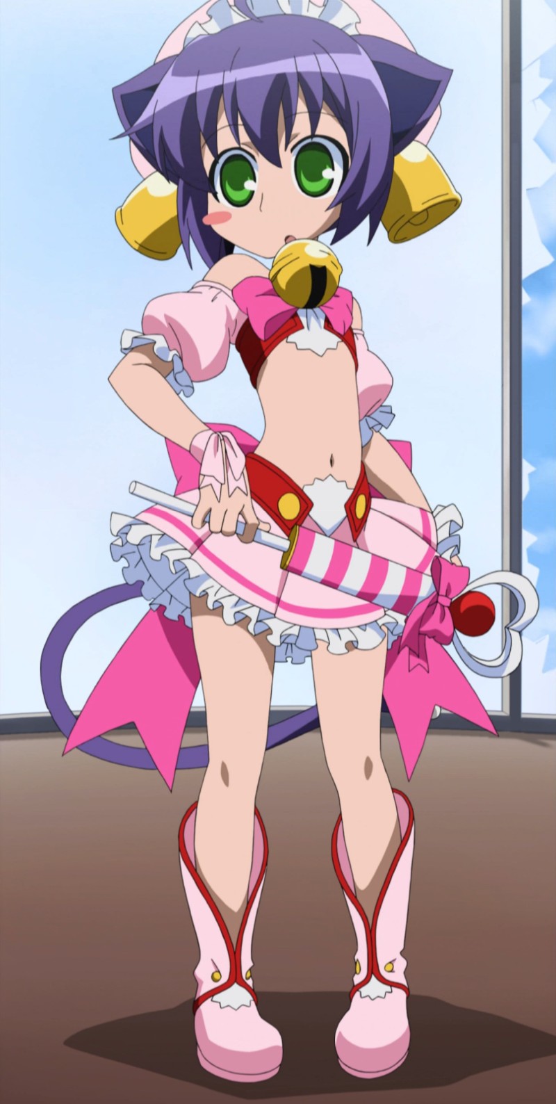 midarezaki kyouka, kyouran kazoku nikki, anime screenshot, highres, non-web source, 1girl, animal ears, bell, blush, blush stickers, boots, bow, cat ears, cat tail, cosplay, female focus, flat chest, frills, green eyes, hat, magical girl, midriff, navel, pink boots, pink bow, purple hair, skirt, solo, tail, wand