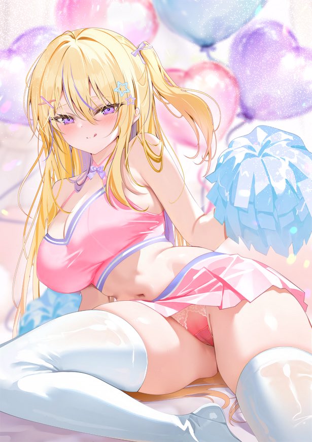 pon (ponidrop), original, commentary request, 1girl, balloon, bare shoulders, blonde hair, blush, breasts, cheerleader, cleavage, criss-cross halter, crop top, hair between eyes, hair ornament, halterneck, heart balloon, holding, holding pom poms, large breasts, long hair, looking at viewer, midriff, multicolored hair, navel, panties, pink panties, pink skirt, pink sports bra, pom pom (cheerleading), pom poms, purple eyes, purple hair, skirt, smile, solo, sports bra, streaked hair, thighhighs, thighs, tongue, tongue out, underwear, white thighhighs