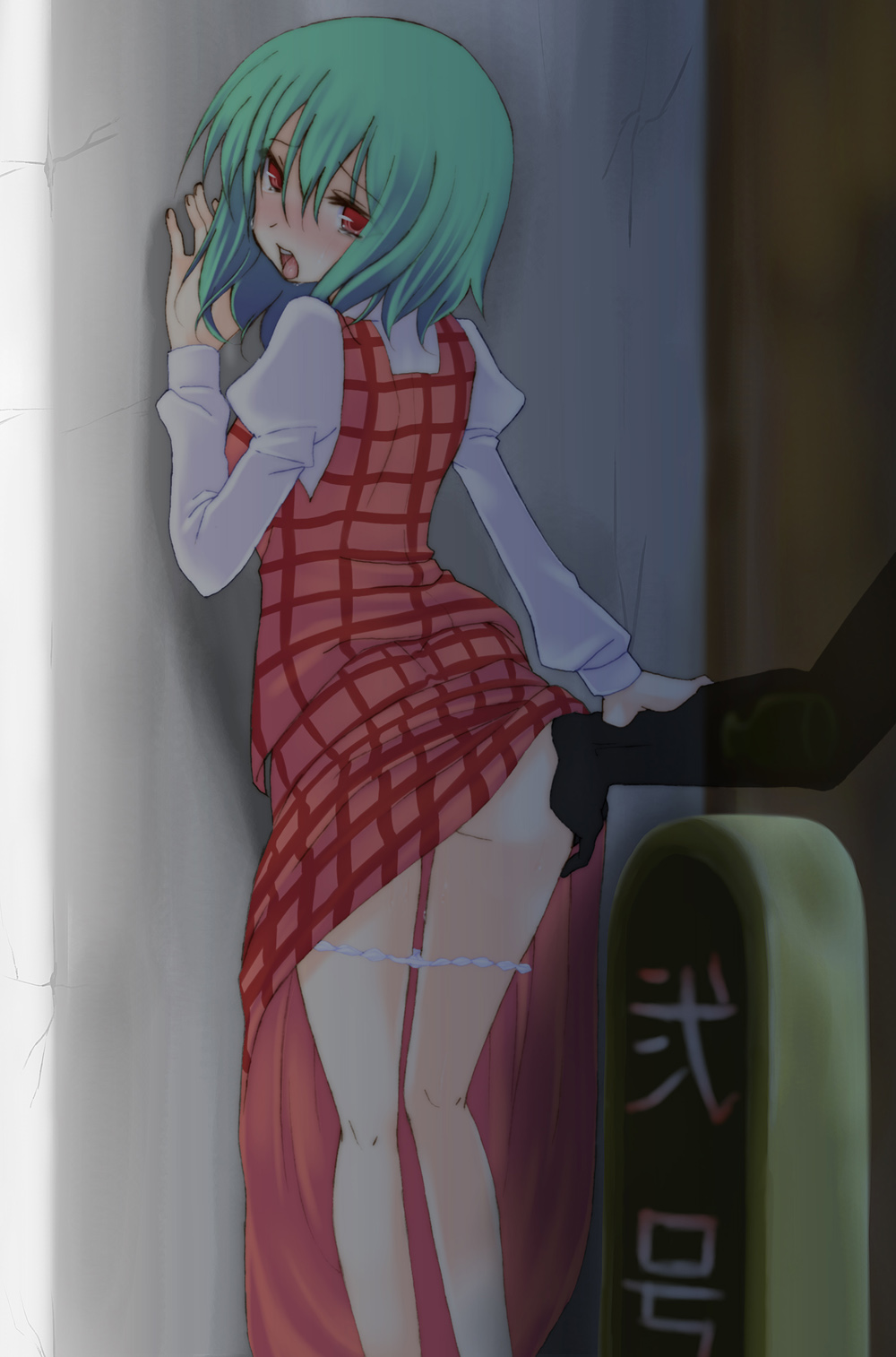 nigo (aozoragarou), kazami yuuka, touhou, highres, 1girl, against wall, ass, female focus, green hair, looking back, panties, panty pull, plaid clothes, plaid skirt, plaid vest, red eyes, saliva, short hair, skirt, skirt set, solo, tears, underwear, vest, white panties