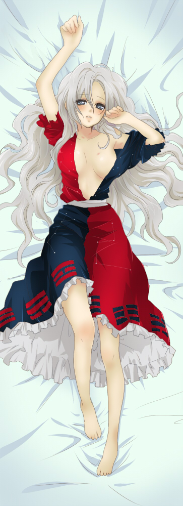 machiko (beard), yagokoro eirin, touhou, silver hair, bad id, bad pixiv id, long image, tall image, 1girl, barefoot, bed, bed sheet, blue eyes, blush, breasts, cleavage, dakimakura (medium), feet, female focus, full body, hair spread out, long hair, lying, medium breasts, open clothes, open shirt, shirt, solo, trigram