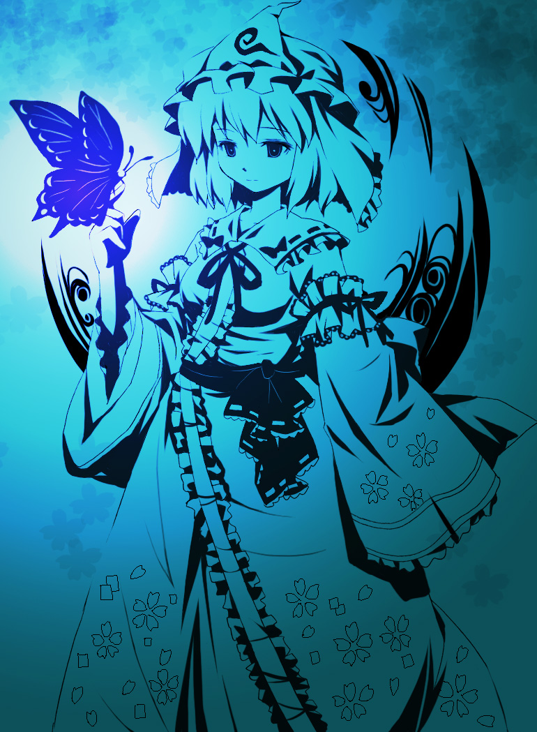michii yuuki, saigyouji yuyuko, touhou, bad id, bad pixiv id, 1girl, blue theme, bug, butterfly, female focus, hat, high contrast, japanese clothes, kimono, monochrome, short hair, solo