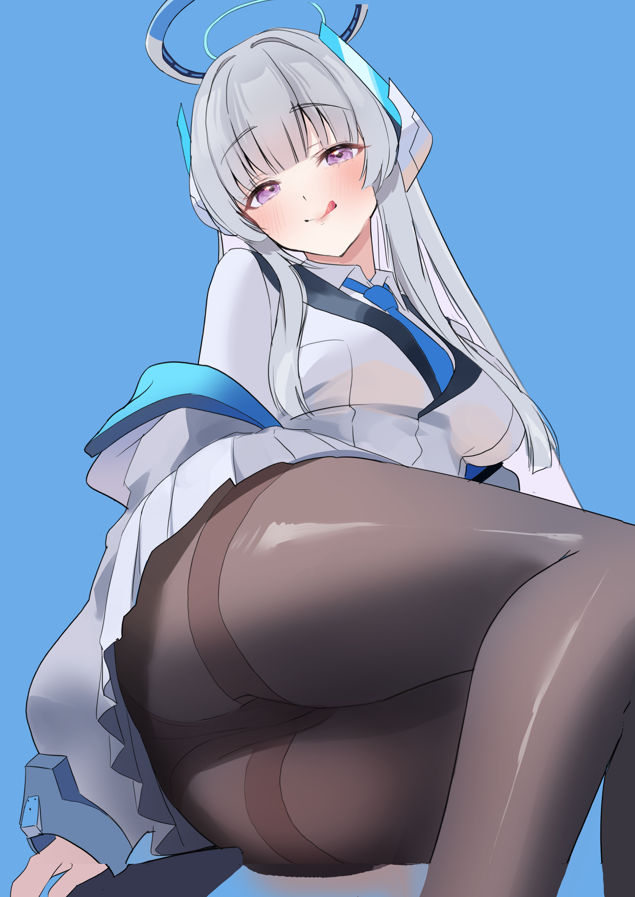 nakano kura, noa (blue archive), blue archive, absurdres, highres, 1girl, :q, black pantyhose, blue background, blue necktie, halo, jacket, looking at viewer, mechanical halo, necktie, pantyhose, simple background, tongue, tongue out, white hair, white halo, white jacket
