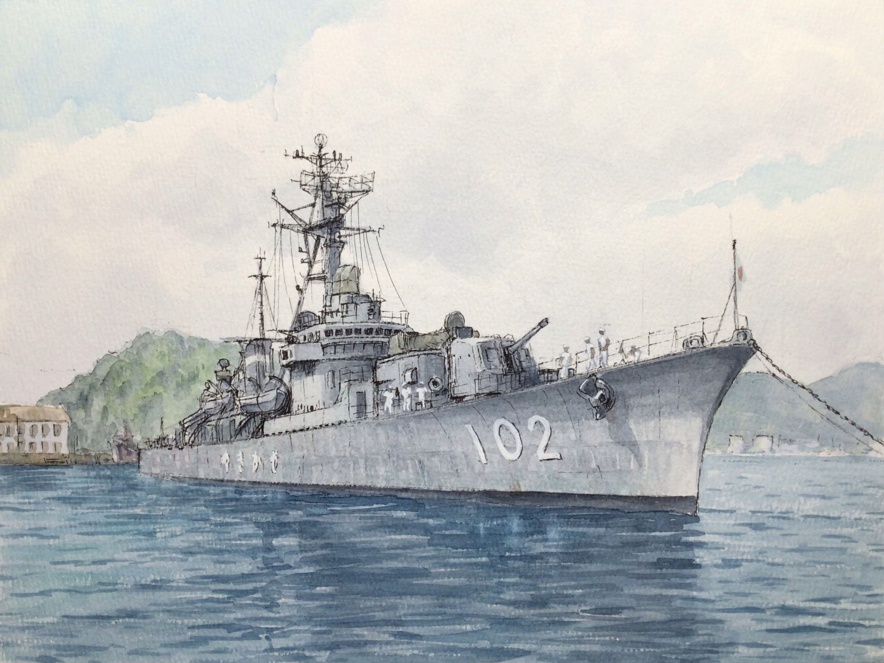 atelier bono, japan maritime self-defense force, japan self-defense force, original, commentary request, highres, painting (medium), traditional media, watercolor (medium), 6+boys, anchor, blue sky, cannon, cloud, destroyer, japanese flag, jds yukikaze (dd-102), mast, military, military uniform, military vehicle, multiple boys, naval uniform, naval working uniform, ocean, outdoors, ship, ship turret, sky, smokestack, vehicle focus, warship, watercraft