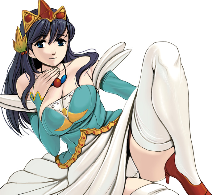 kouno (masao), guinevere (makaimura), capcom, makaimura, 1girl, bare shoulders, black hair, blue eyes, breasts, cleavage, crown, detached sleeves, dress, female focus, hat, jewelry, large breasts, long hair, necklace, panties, pantyshot, red crown, simple background, solo, thighhighs, underwear, white panties