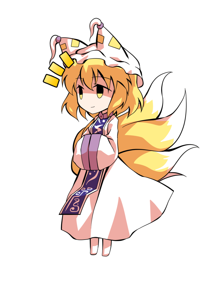 dairi, yakumo ran, touhou, commentary request, large variant set, variant set, 1girl, blonde hair, chibi, chibi only, dress, fox girl, fox tail, full body, hair between eyes, hat, kitsune, mob cap, multiple tails, short hair, socks, solo, tachi-e, tail, transparent background, white dress, white hat, white socks, wide sleeves
