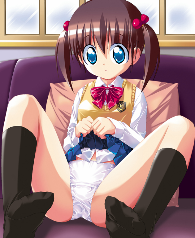 kazakami shun, 1girl, black socks, brown hair, feet, female focus, no shoes, panties, school uniform, shirt, short hair, short twintails, socks, solo, twintails, underwear, white panties