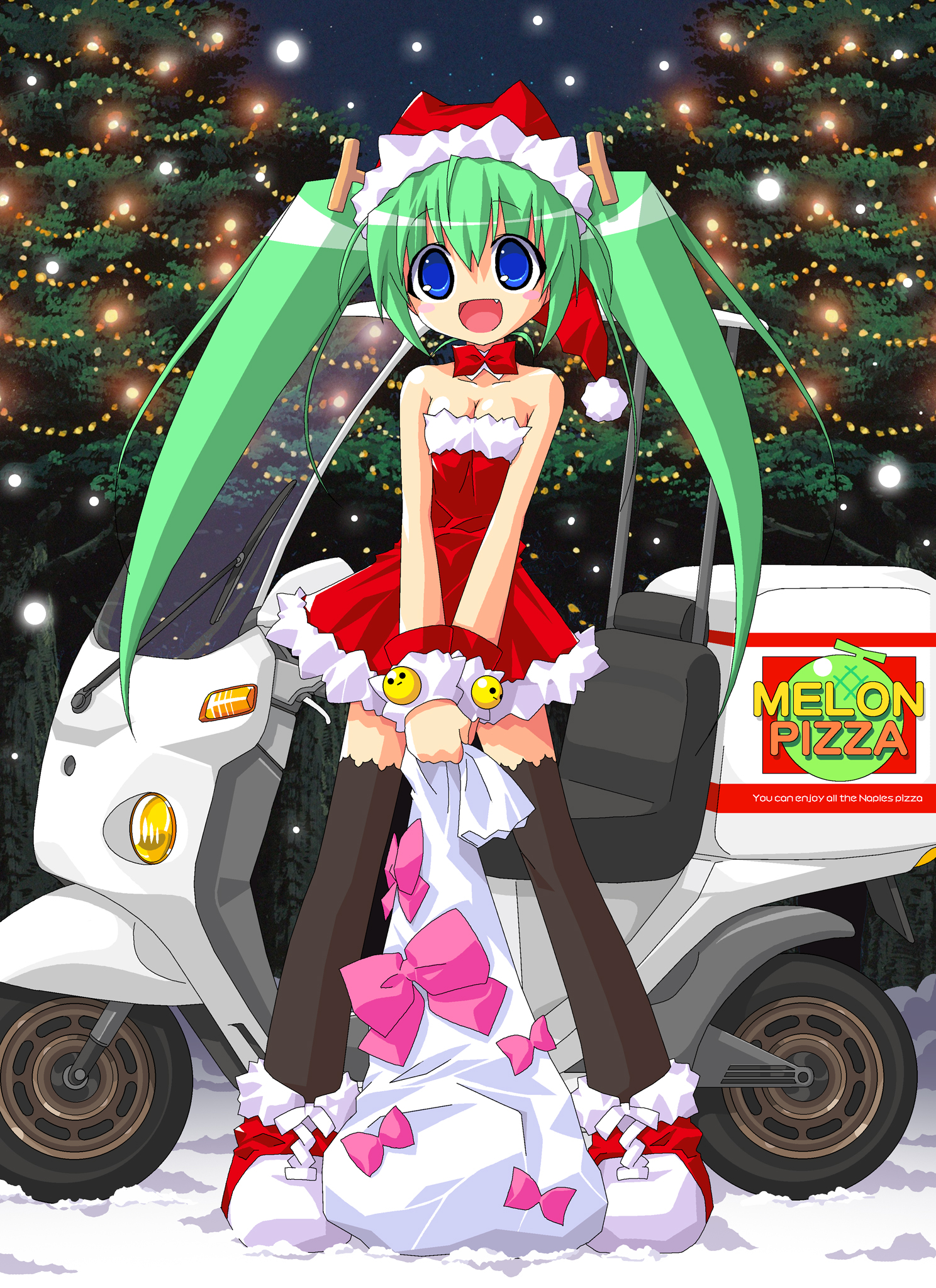 kazakami shun, melon-chan, melonbooks, highres, 1girl, bare shoulders, blue eyes, christmas, dress, female focus, green hair, hat, long hair, ribbon, santa costume, solo, strapless, strapless dress, thighhighs, twintails