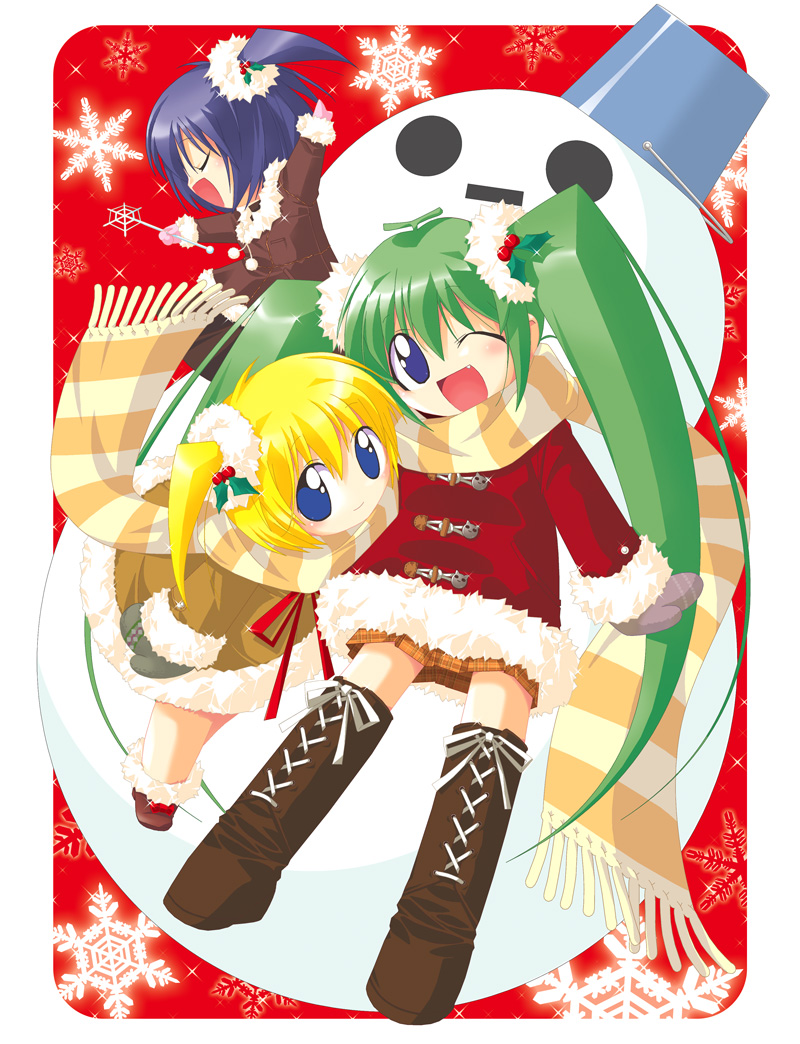kazakami shun, black lemon-chan, lemon-chan, melon-chan, melonbooks, blonde hair, blue hair, fang, green hair, long hair, ponytail, short hair, side ponytail, snowman, twintails, wink