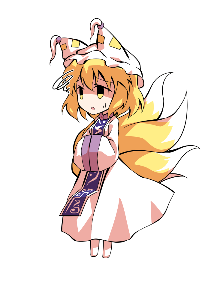 dairi, yakumo ran, touhou, commentary request, large variant set, variant set, 1girl, blonde hair, chibi, chibi only, dress, fox girl, fox tail, full body, hair between eyes, hat, kitsune, mob cap, multiple tails, short hair, socks, solo, tachi-e, tail, transparent background, white dress, white hat, white socks, wide sleeves
