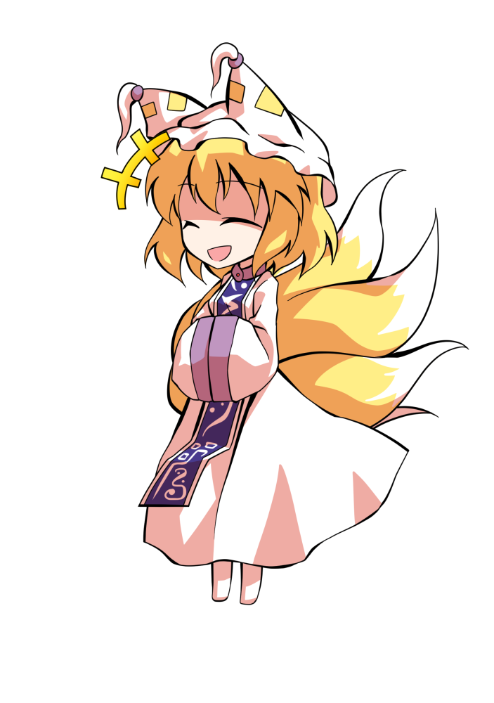 dairi, yakumo ran, touhou, commentary request, large variant set, variant set, 1girl, blonde hair, chibi, chibi only, dress, fox girl, fox tail, full body, hair between eyes, hat, kitsune, mob cap, multiple tails, short hair, socks, solo, tachi-e, tail, transparent background, white dress, white hat, white socks, wide sleeves