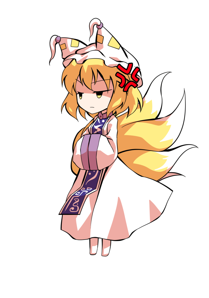 dairi, yakumo ran, touhou, commentary request, large variant set, variant set, 1girl, blonde hair, chibi, chibi only, dress, fox girl, fox tail, full body, hair between eyes, hat, kitsune, mob cap, multiple tails, short hair, socks, solo, tachi-e, tail, transparent background, white dress, white hat, white socks, wide sleeves