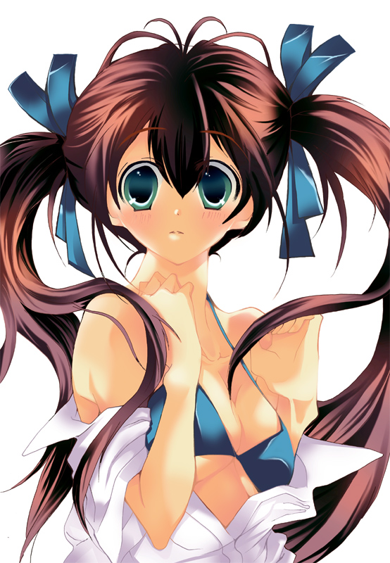 yu (bkks), bad id, bad pixiv id, 1girl, bikini, blue bikini, breasts, brown hair, female focus, long hair, medium breasts, ribbon, solo, swimsuit, twintails, underboob, upper body
