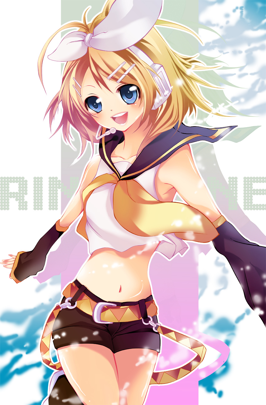 bkks (pixiv), yu (bkks), kagamine rin, vocaloid, bad id, bad pixiv id, highres, 1girl, blonde hair, female focus, midriff, ribbon, short hair, shorts, solo