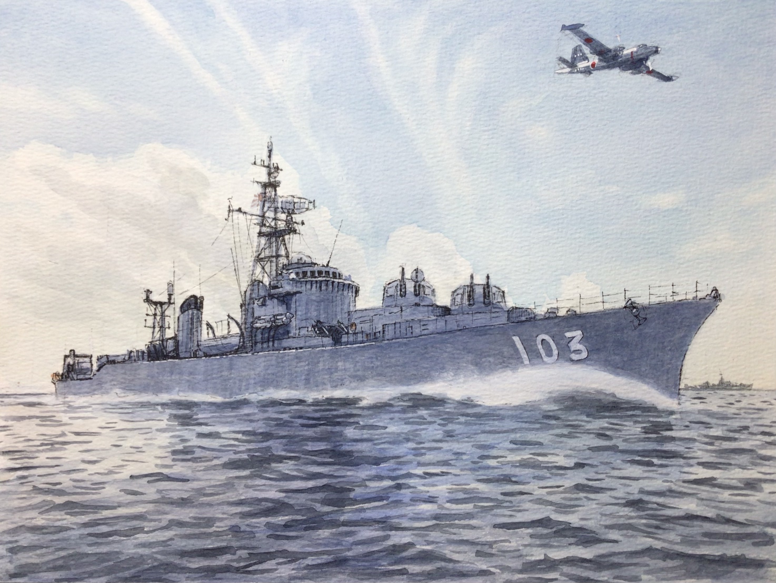 atelier bono, japan maritime self-defense force, japan self-defense force, original, commentary request, highres, painting (medium), traditional media, watercolor (medium), aircraft, airplane, blue sky, cannon, cloud, destroyer, jds ayanami (dd-103), kawasaki p-2j, military, military vehicle, no humans, ocean, p-2 neptune, sailing, ship, sky, warship, watercraft