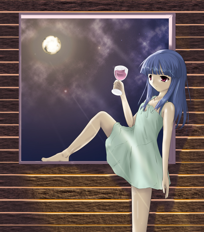 rom (avesta), furude rika, higurashi no naku koro ni, 00s, 1girl, alcohol, barefoot, blue hair, dress, feet, female focus, green skirt, leg up, long hair, moon, night, red eyes, skirt, solo, star (symbol), toes, window