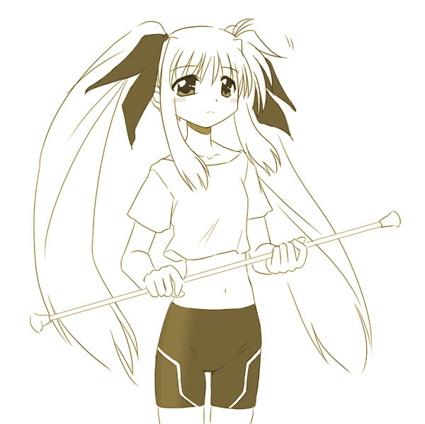 tamu-v, tamu (mad works), fate testarossa, lyrical nanoha, mahou shoujo lyrical nanoha, mahou shoujo lyrical nanoha a's, 00s, 1girl, blush, cowboy shot, crop top, female focus, long hair, midriff, monochrome, navel, sidelocks, simple background, solo, twintails, very long hair, white background