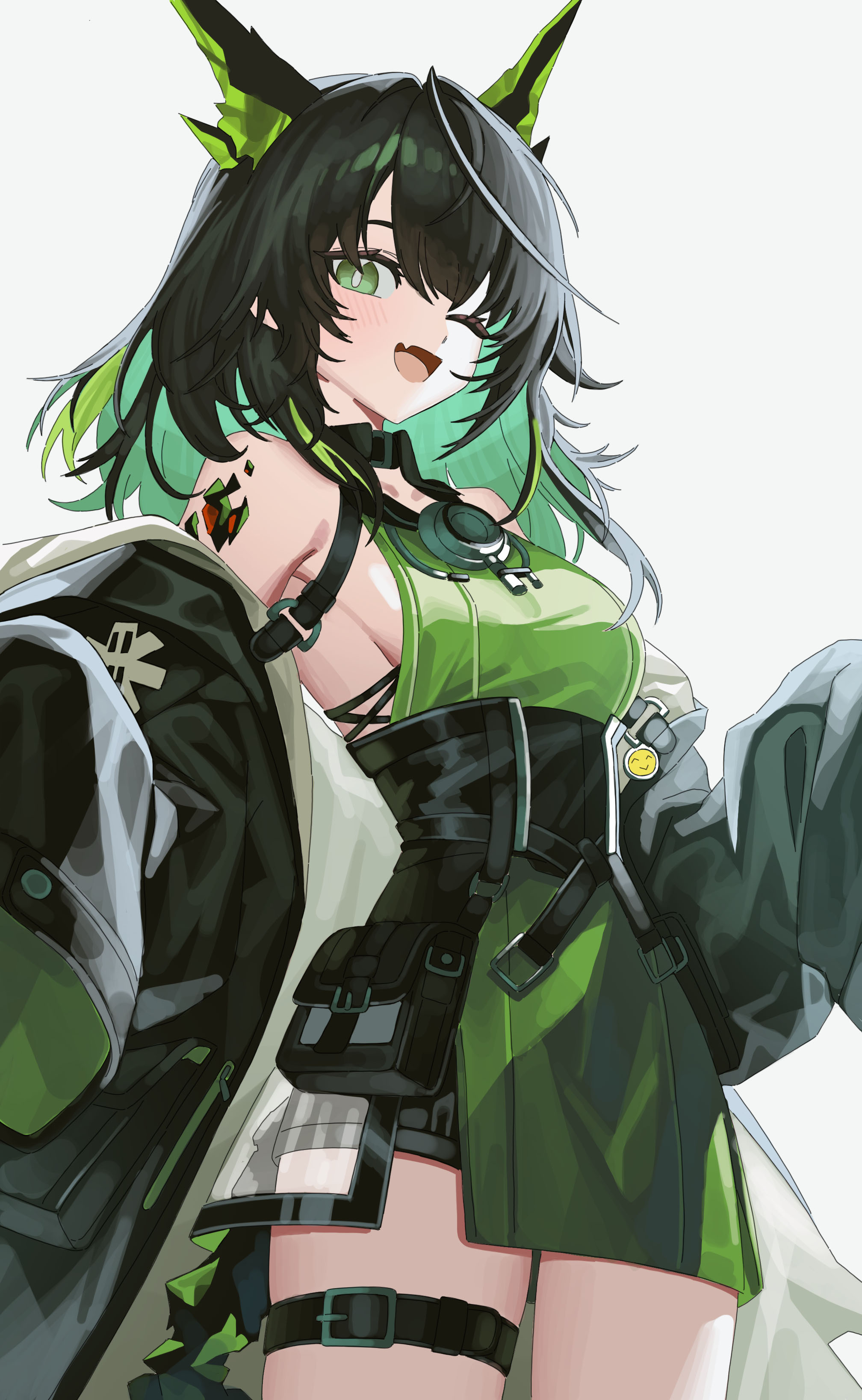 mon3tr (arknights), arknights, absurdres, highres, 1girl, animal ears, black hair, breasts, cat ears, cheong seol, colored inner hair, cowboy shot, dress, fang, green dress, green eyes, jacket, looking at viewer, material growth, medium breasts, multicolored hair, oripathy lesion (arknights), solo, thigh strap, white background