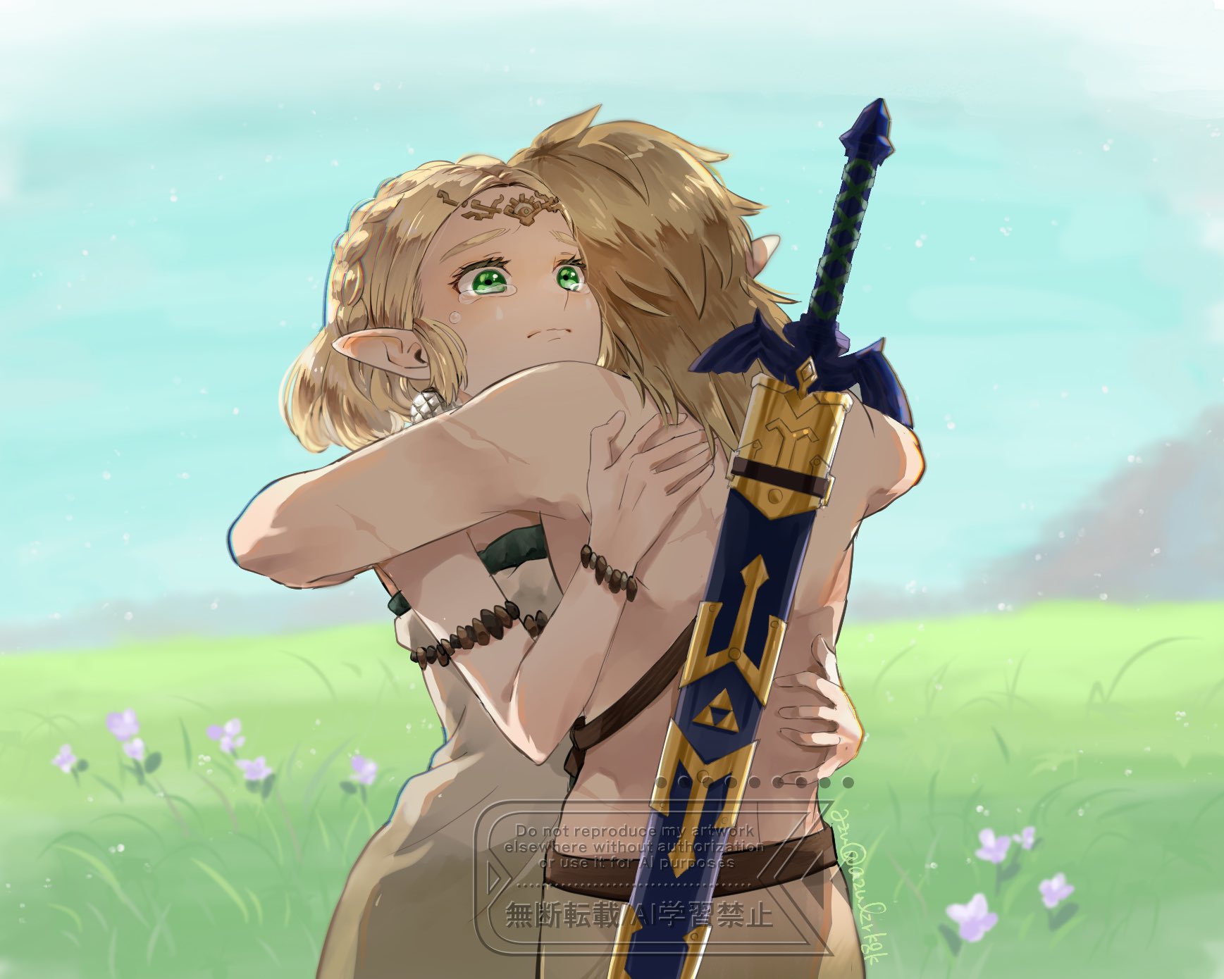 link, princess zelda, nintendo, the legend of zelda, the legend of zelda: tears of the kingdom, highres, 1boy, 1girl, armlet, azulzrkgk, blonde hair, blush, bracelet, braid, couple, crown braid, dress, earrings, green eyes, hetero, hug, jewelry, master sword, medium hair, outdoors, parted bangs, pointy ears, scar, scar on arm, scar on back, short hair, sidelocks, strapless, strapless dress, sword, sword on back, tears, twitter username, upper body, weapon, weapon on back, white dress