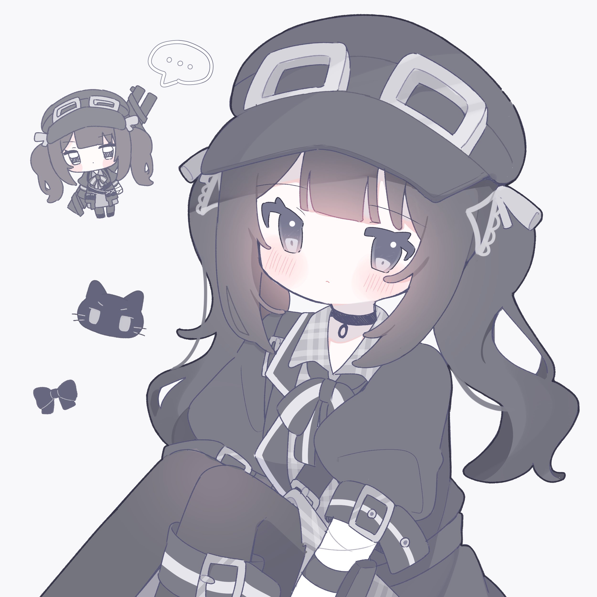 mahou shoujo no majo saiban, absurdres, commentary request, highres, !, 1girl, bandaged arm, bandages, black choker, black hair, black hat, black ribbon, blunt bangs, cat, chibi, choker, closed mouth, dress, expressionless, goggles, goggles on headwear, grey dress, grey eyes, hat, knees up, kurobe nanoka, long hair, looking at viewer, magical girl, neck ribbon, pon (pp 0u0), ribbon, simple background, sitting, solo, spoken exclamation mark, twintails, white background