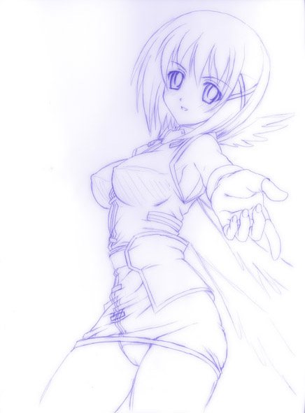 kakogawa tarou, yagami hayate, lyrical nanoha, mahou shoujo lyrical nanoha, mahou shoujo lyrical nanoha strikers, 00s, 1girl, armpits, breasts, covered erect nipples, female focus, fingerless gloves, gloves, hair ornament, hairclip, medium breasts, monochrome, outstretched arm, outstretched hand, panties, purple theme, reaching, short hair, sleeveless, smile, solo, underwear, wings, x hair ornament