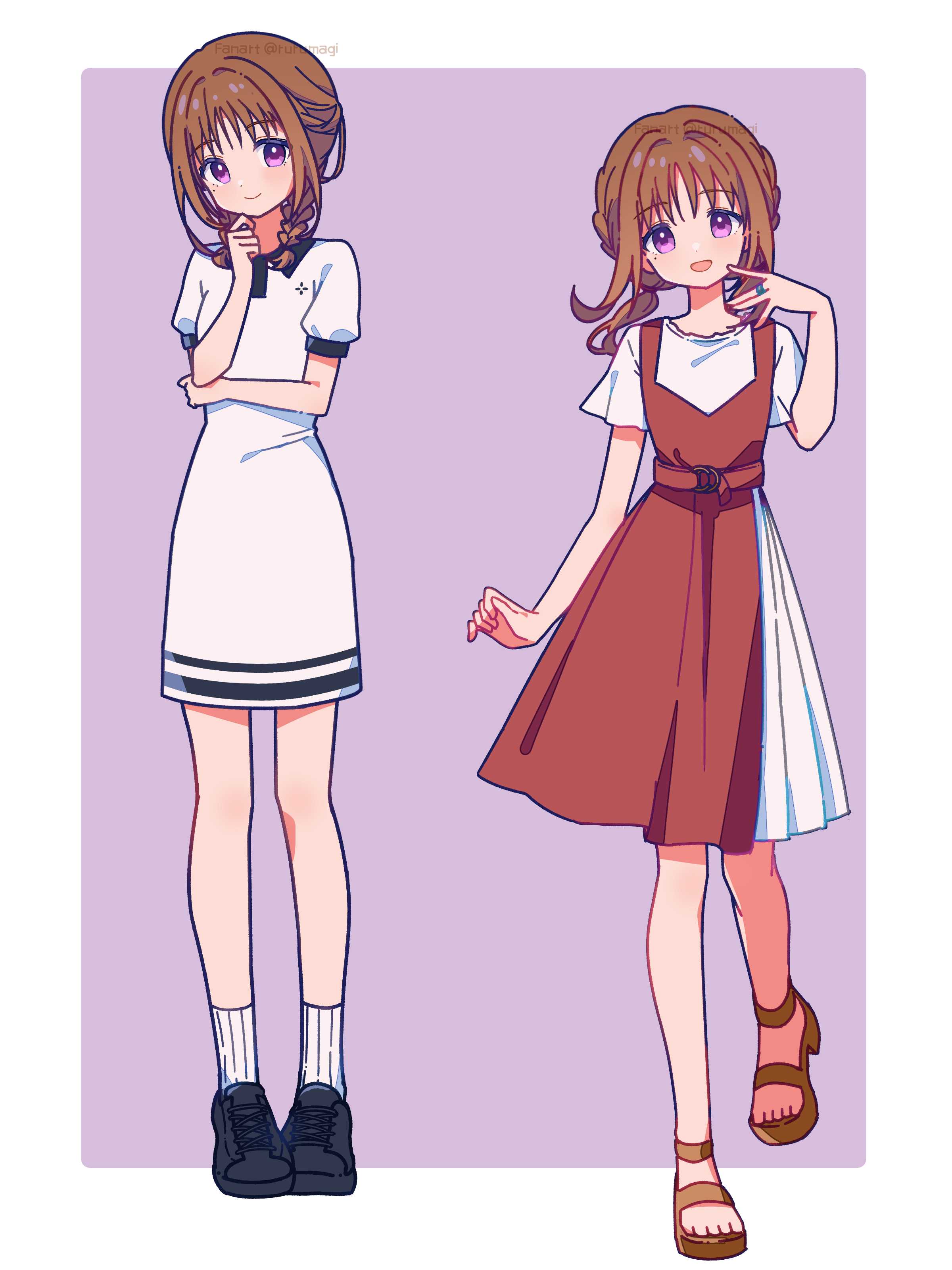 ruru (rurumagi), amaryllis (madoka magica), magia record: mahou shoujo madoka magica gaiden, mahou shoujo madoka magica, absurdres, commentary request, highres, 1girl, :d, black shoes, blush, border, braid, brown hair, brown sandals, closed mouth, collared dress, contrast collar, dress, full body, hand up, looking at viewer, medium hair, multiple views, open mouth, outside border, pinafore dress, purple background, red dress, ribbed socks, sandals, shirt, shoes, short sleeves, simple background, sleeveless, sleeveless dress, smile, socks, standing, twin braids, white border, white shirt, white socks