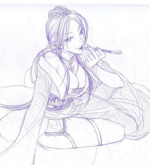 nouhime, nouhime (sengoku musou), sengoku musou, 1girl, breasts, cleavage, female focus, holding, holding smoking pipe, japanese clothes, jewelry, kimono, kiseru, large breasts, lips, long hair, monochrome, necklace, obi, purple theme, sash, sitting, sketch, smile, smoking pipe, solo, yuujo