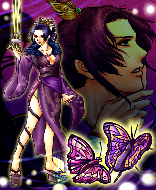 nouhime, nouhime (sengoku musou), zhang he (shin sangoku musou), sengoku musou, shin sangoku musou, fur, 1boy, 1girl, breasts, bug, butterfly, claws, cleavage, geta, insect, japanese clothes, kimono, ponytail, sandals