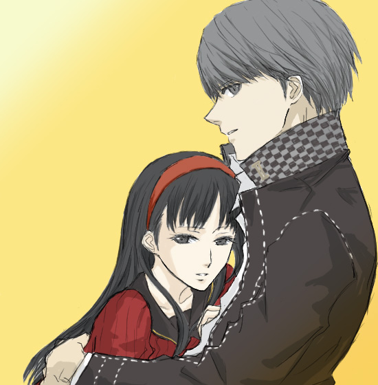 gogono pan'ya, amagi yukiko, narukami yu, atlus, persona, persona 4, silver hair, black eyes, black hair, couple, hairband, headband, hug, long hair, school uniform, serafuku