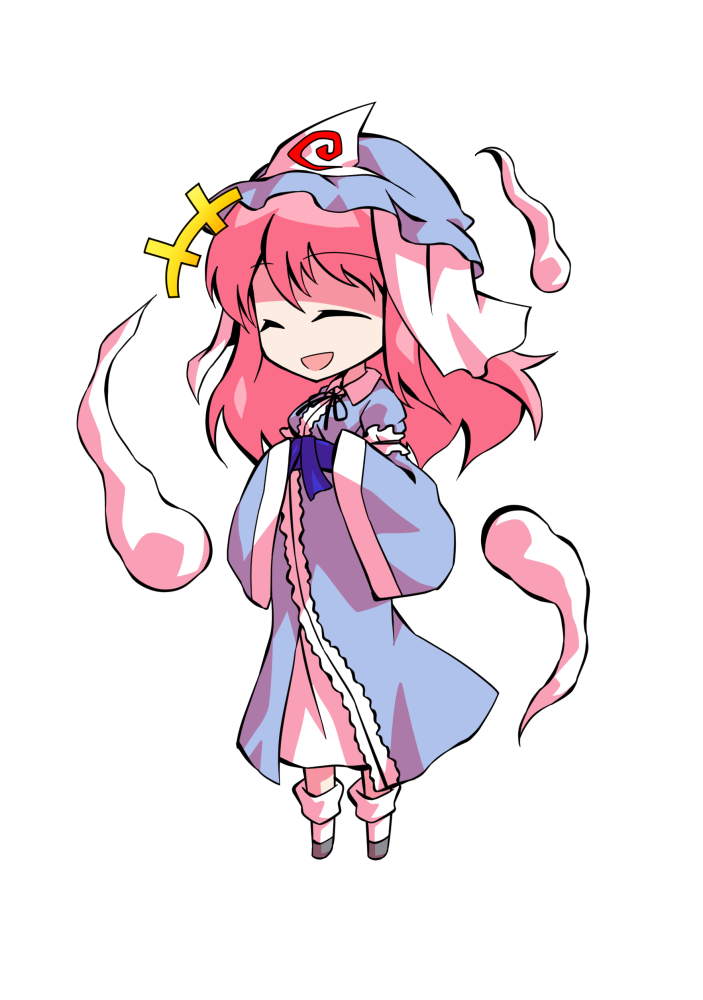 dairi, saigyouji yuyuko, touhou, commentary request, large variant set, variant set, 1girl, blue hat, blue kimono, breasts, chibi, chibi only, full body, ghost, grey shoes, hat, japanese clothes, kimono, medium hair, mob cap, pink hair, shoes, socks, solo, tachi-e, transparent background, triangular headpiece, white socks, wide sleeves