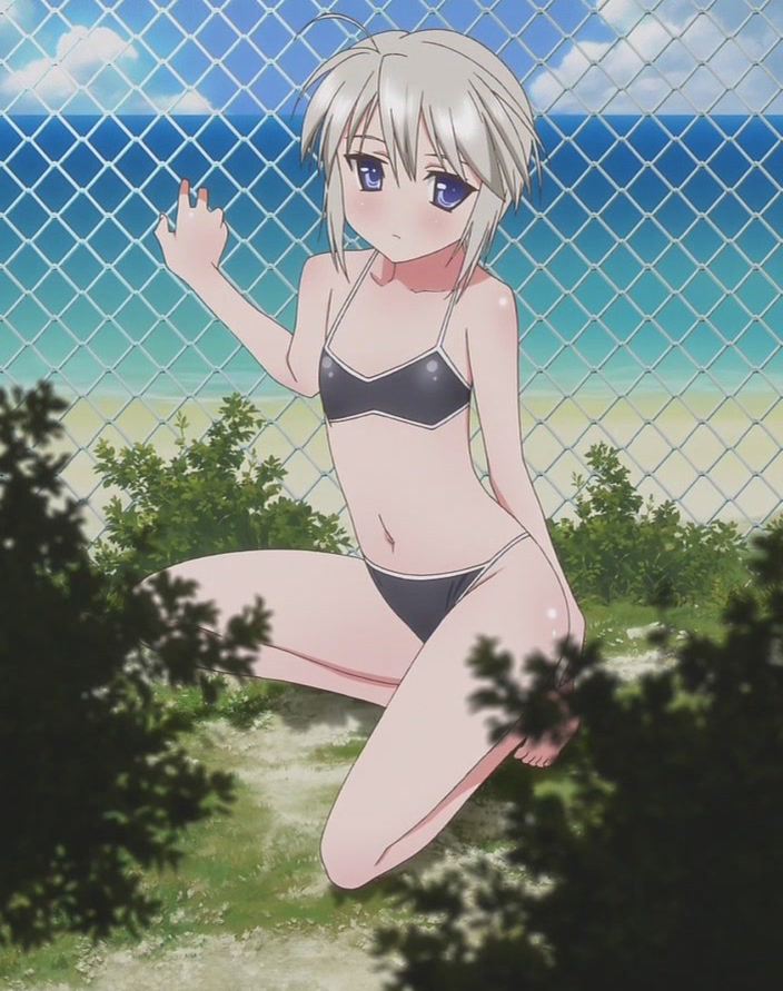 takami akio, ezomori nozomu, kanokon, silver hair, anime screenshot, 00s, 1girl, against fence, ahoge, beach, bikini, black bikini, blue eyes, blush, bush, chain-link fence, cloud, day, female focus, fence, flat chest, no nose, outdoors, short hair, sky, solo, swimsuit, water